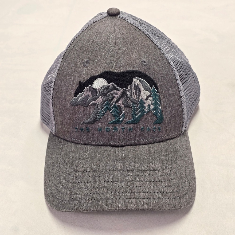 The North Face Gray Mesh Trucker Hat Bear Mountain Logo Snapback Cap
